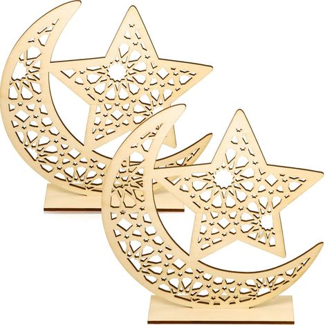 LAN 2 Sets Ornement en Bois Eid Mubarak Déco de Table en Bois de Ramadan Pendentif Suspendu Étoile Lune pour Décorations de l'Aïd Ramadan Moubarak (1/5)