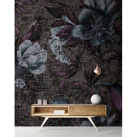 Papier peint panoramique fleur moderne | Tapisserie panoramique anthracite magnolias | Papier peint panoramique graphique pour salon - 270 x 400 cm (4 pièces) (1/5)
