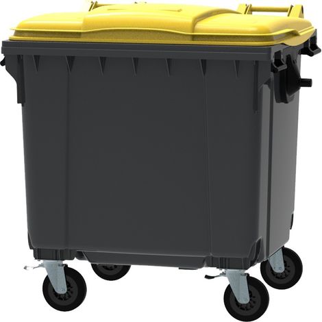 ESE France Conteneur Poubelle à déchets 4 roues - 1100L - Robuste et Professionnel - 100% Recyclé - Gris avec Couvercle Jaune (1/5)