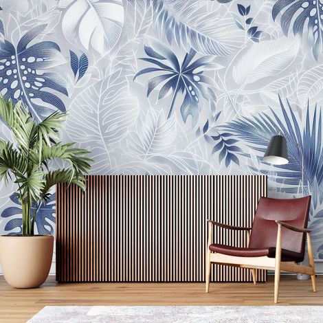Papier Peint Feuillage - Jungle Esquissée Bleu et Blanc - 150 x 250 cm (1/2)