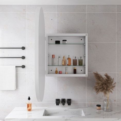 Miroir ovale mural avec armoire murale à cadre métallique, étagères réglables, rangement intégré pour salle de bain, salon et chambre, miroir Décoratif, blanc (1/5)