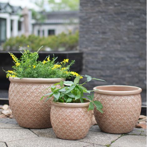Pot de fleurs en céramique Ø 30,5 cm beige brillant, relief pièce, avec trous de drainage OKMYHOME (1/5)