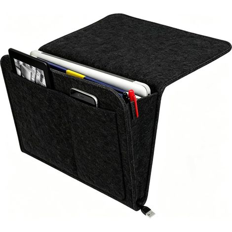 Organisateur de lit suspendu, sac de rangement pour lit et canapé, compartiments pour téléphone, télécommande, lunettes et livre, noir (1/5)