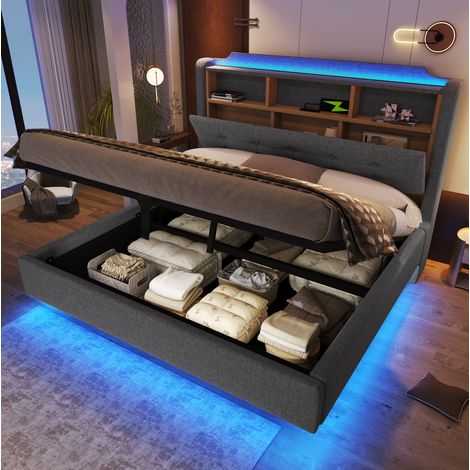Lit rembourré en lin gris 140x200 cm avec rangement hydraulique, LED, USB et port Type-C (1/5)
