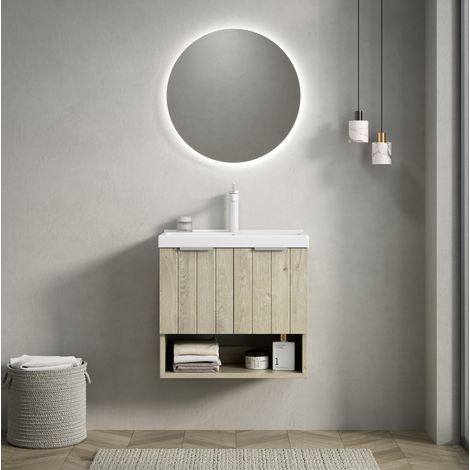 Mueble de lavabo mural 55 cm con lavabo cerámico blanco, puertas dobles y nicho, roble claro (1/5)