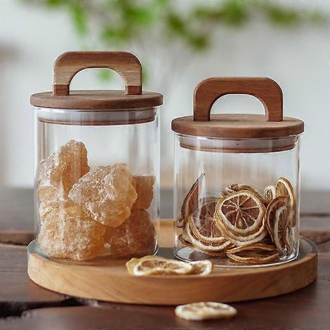 Boîte de conservation en verre avec couvercle en bois, bocal de cuisine, boîte à sucre (1/3)