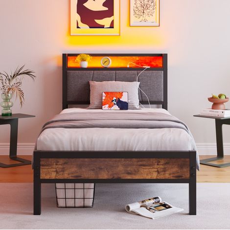 Lit 90x200 cm - Lit simple 90x200 - Cadre de lit en métal et bois avec tête de lit de rangement, USB et LED - Marron Antique (1/5)