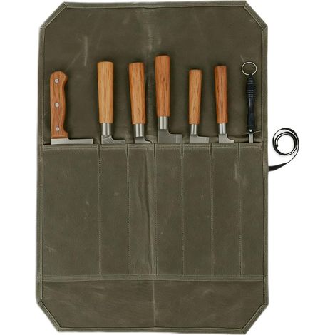 Étui à couteaux de chef enroulable, sac en toile, 56 x 45 cm, étui de voyage portable avec 7 poches, vert militaire (1/5)