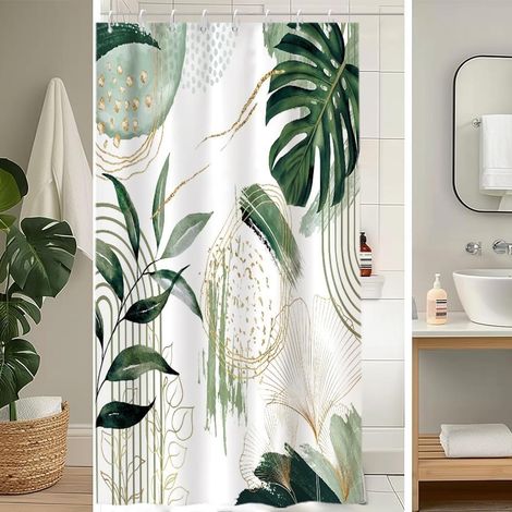 1 Rideau Douche, 120x200cm, Polyester Imperméable, Motif Feuilles Palmier, Avec 8 Crochets, Pour Salle de Bain