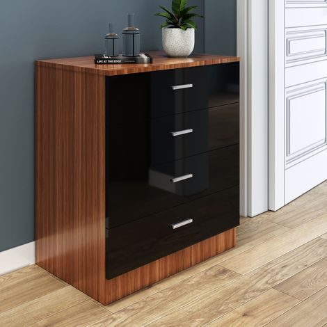 ELEGANT Modern High Gloss 4 spacious Drawer Chest with Metal Handles for Bedroom or Home Storage Organizer Black/Walnut
