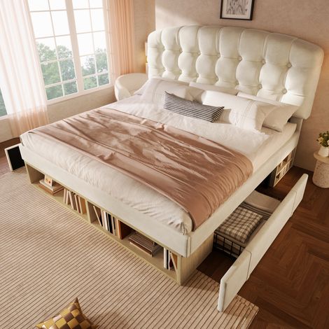 Lit 140x190 cm en velours beige avec sommier à lattes, tête de lit réglable et rangements intégrés (1/5)