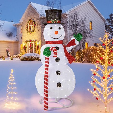 COSTWAY Bonhomme de Neige Éclairé 150 cm, Décoration de Noël pré-éclairée avec 180 Lumières LED Chapeau et Écharpe, Décoration Intérieure/Extérieure de Noël pour Fêtes, Cour, Jardin (1/5)