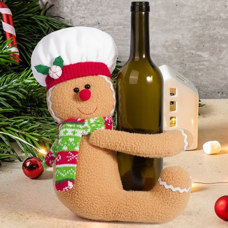 Omino di pan di zenzero natalizio che abbraccia un albero, decorazioni per i pilastri dell'albero di Natale, copribottiglie unici a forma di omino di pan di zenzero, decorazioni per tende. (1/5)