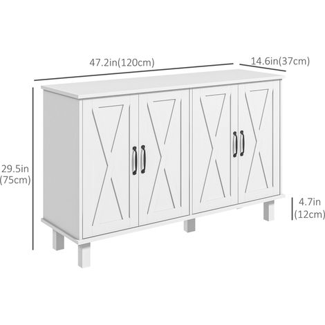 Meuble d'appoint de cuisine blanc avec 4 portes coulissantes de style grange et 2 étagères réglables (1/5)