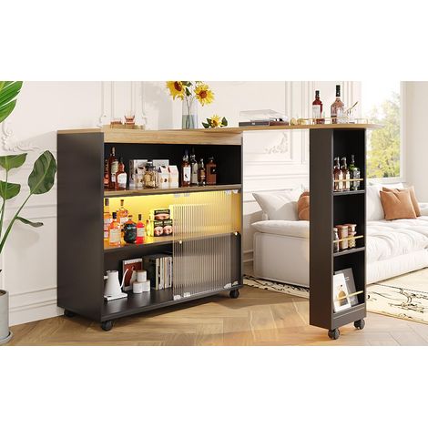 Ausziehbarer Bartisch mit Stauraum ,Moderner Beweglicher Bar Table, Teleskopischer Bartisch mit LED, Stehtisch Bistrotisch Hochtisch Kücheninsel Bistro Table,Großer Stauraum,Schwaz(138-204×39×105cm) (1/5)