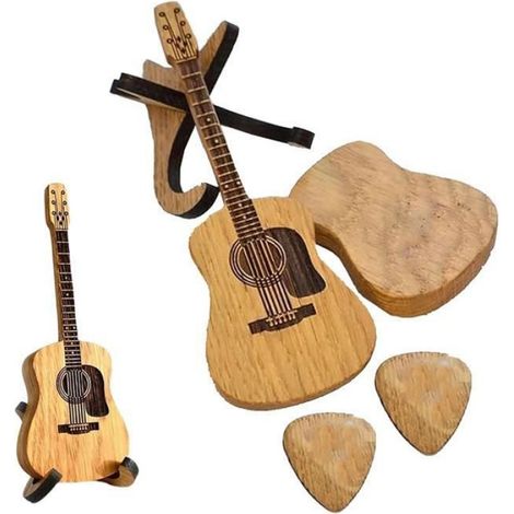 Boîte à Médiators - Forme de Guitare Acoustique - En Bois Naturel - Pour Guitare Acoustique Ukulélé Basse - 1 Pièce (1/5)
