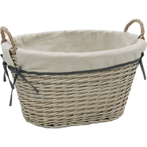 Arianna Oval Laundry Willow Storage Basket with Lining, Grey Wash