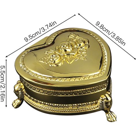 Boîte à bijoux (dorée), boîte à bijoux en forme de cœur avec rose, coffret de rangement raffiné pour bagues et boucles d'oreilles (1/2)