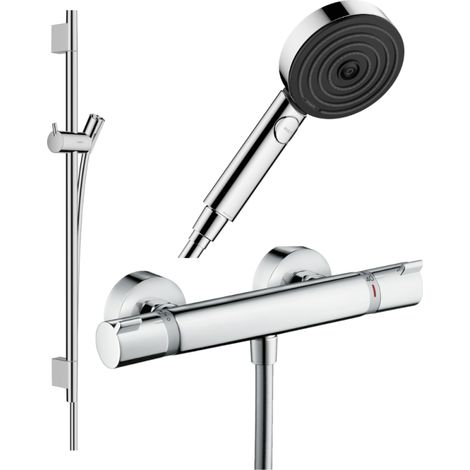 Pack mitigeur douche thermostatique HANSGROHE Ecostat Comfort + Barre Unica + flexible + Pommeau Pulsify Select 3 jets chromé