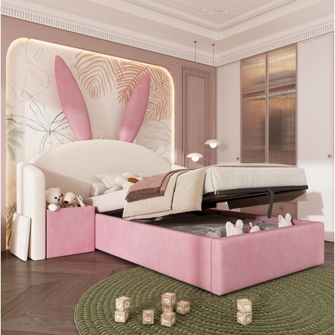Cama juvenil 216x149x143 cm, con almacenaje hidráulico y mesita montable, diseño con orejas, terciopelo beige y rosa (1/5)