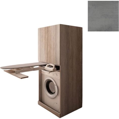 Mobile Lavanderia a Colonna per Lavatrice o Asciugatrice con Asse da Stiro e Ante Superiori 70x70x174A cm in Nobilitato Unika Grigio Cemento