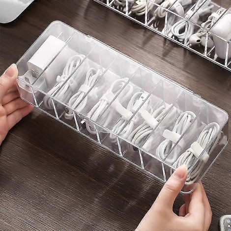 Boîte de rangement de câbles en plastique avec 10 attaches, organiseur de câbles d'alimentation transparent à 8 compartiments, organisateur d'appareils électroniques pour le bureau et la maison, acces (1/4)