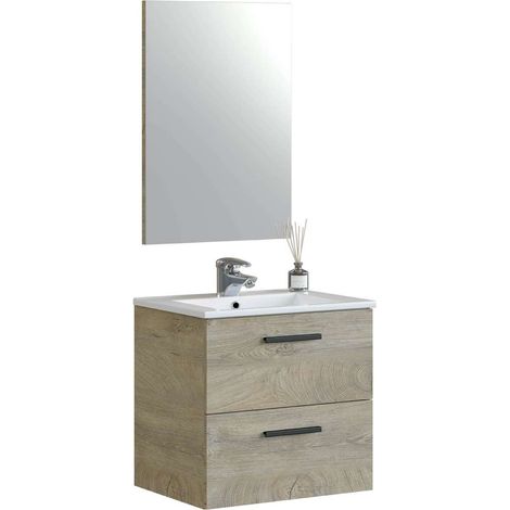 Mueble con lavabo cerámico y espejo Toby, acabado roble 57cm(alto) 60cm(ancho) 45cm(largo) (1/3)