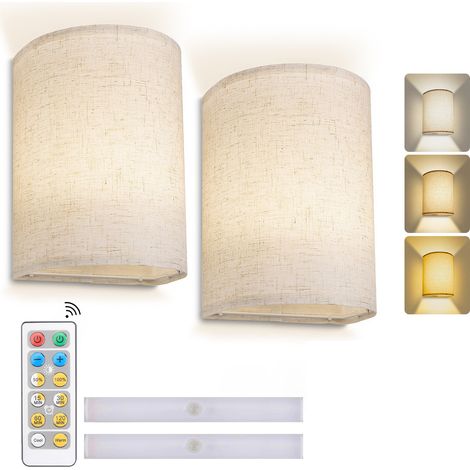 Paquet de 2 appliques murales à batterie avec télécommande, housse ronde en tissu, décoration de chambre à coucher, lumières LED tricolores (1/5)