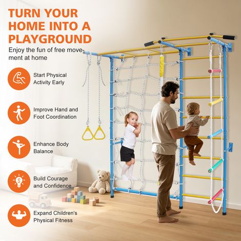Structure d'escalade 7-en-1 pour tout-petits, avec échelle suédoise en acier carbone, échelle murale, barre de traction, échelle de corde et anneaux de gymnastique, charge max 99,8 kg, jeu intérieur. (1/5)