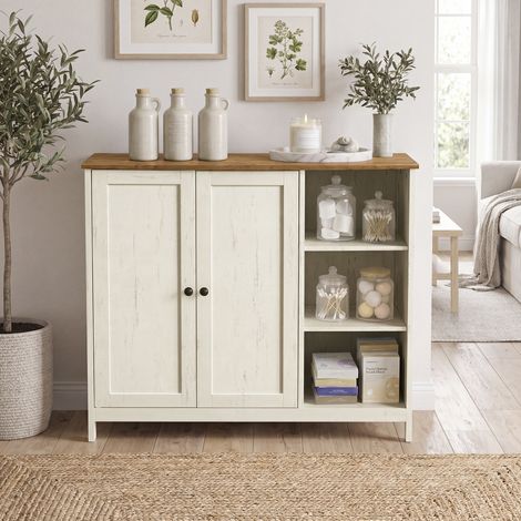 Armoire de Rangement pour Salle de Bain avec 2 Portes et Compartiments Ouverts, 90 x 30 x 80 cm, Blanc et Taupe (1/5)