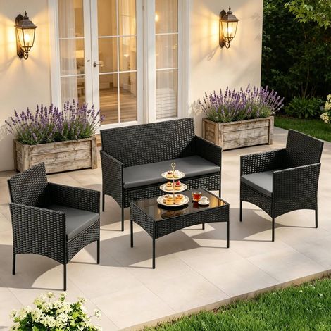 Gartenmöbel-Set aus PE-Rattan, 4-Sitzer, schwarz, mit Tischplatte aus gehärtetem Glas (1/5)