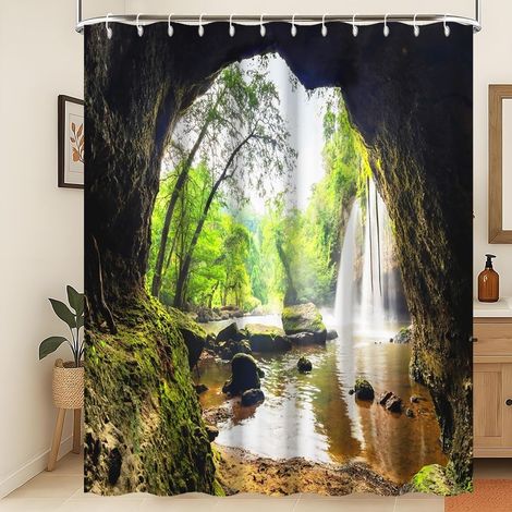 Rideau de Douche Nature Arbre Vert de la forêt Tropicale Résistant à la moisissure Rideau de Salle de Bain Jungle printanière Rideau de Douche Lavable décor Cascade 150x200cm (1/4)