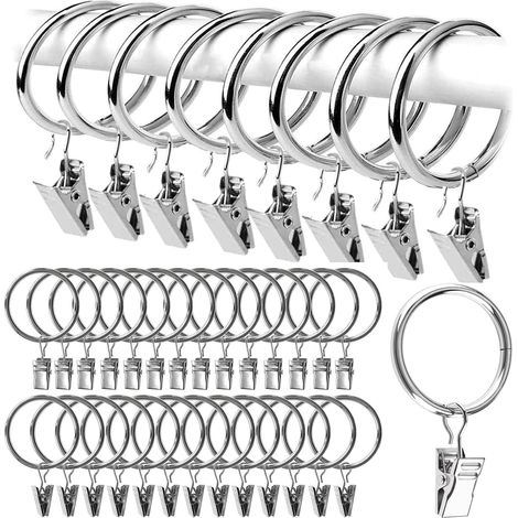 50 Pièces Anneaux Rideaux avec 50 Pièces Pince à Rideaux, Cintres, Anneaux pour Tringle à Rideaux Adaptés Au Rideau de Douche en Corde à Linge, 32 MM de Diamètre Intérieur (Argent) (1/5)