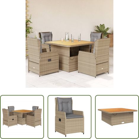Gartentisch - 5-tlg. Garten-Essgruppe mit Kissen Beige Poly Rattan (1/5)
