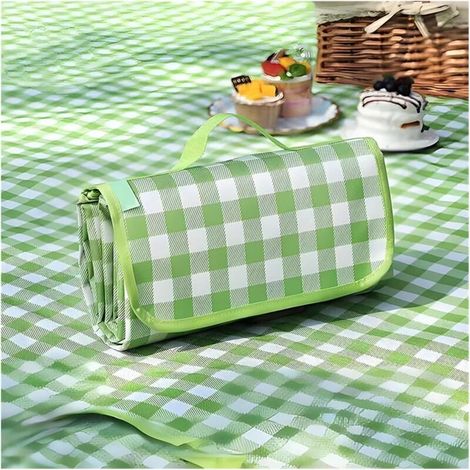 Grüne und weiße Picknickdecke aus Netzgewebe – wasserdicht, feuchtigkeitsbeständig, multifunktional, tragbar, geeignet für 2 bis 4 Personen. (1/4)