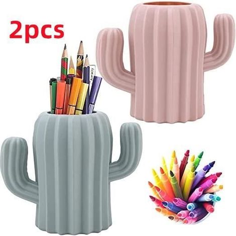 Pot à Crayons de Bureau en Plastique - Cactus - Rose/Vert - 11.5x13.5cm (1/4)