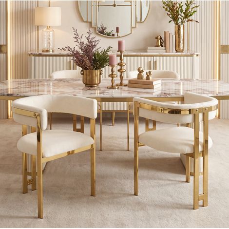 6 chaises de salle à manger en chenille beige et doré, structure en métal, dossier courbé (1/5)