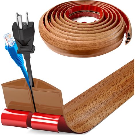 Cache Cable Sol, Petit Canal de câble Flexible, 5M x 5cm Goulotte Passe Cable Sol Silicone, Cache Fil Électrique Sol Auto-Adhésif Facile à Couper Montage pour Tous Les Câbles (Grain Bois) (1/5)