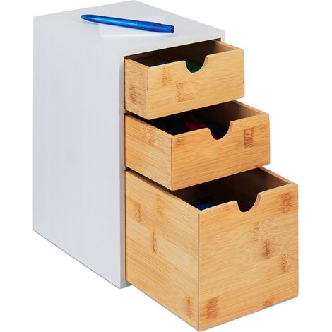 Relaxdays Schubladenbox, Bambus & MDF, HBT: 28x17x21,5 cm, Mini-Kommode 3 Schubladen, Schreibtisch Organizer, natur/weiß