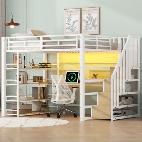DESVIAE Lit mezzanine métal 140 x 200 cm avec escalier bureau intégré rangements étagère 4 niveaux LED USB blanc (1/5)