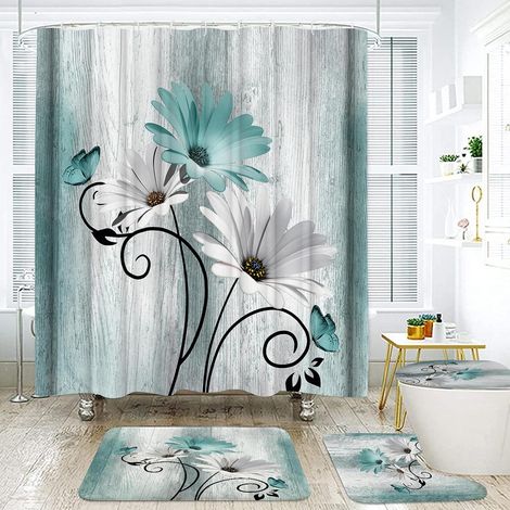 Set rideau de douche 4 pièces bleu-vert marguerites – style ferme rustique – rideau + tapis de bain + housse WC + tapis U – imperméable – 180×180 cm (1/5)