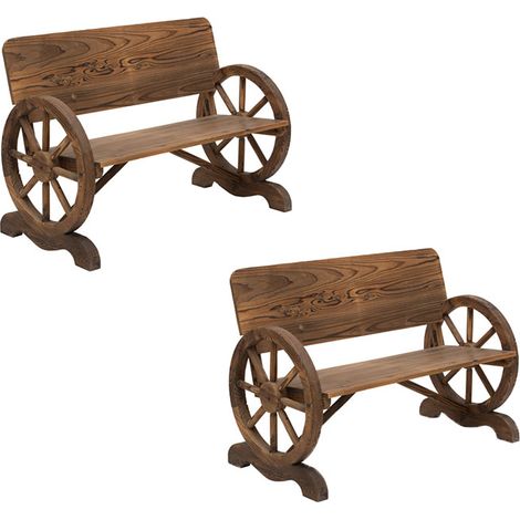 2er-Set 2-Sitzer Gartenbank Massivholz mit Armlehne, Sitzbank mit Wagenräder-Design, Gartenmöbel 250kg belastbar, Rustikale Bank, 114 x 58 x 80 cm, Braun