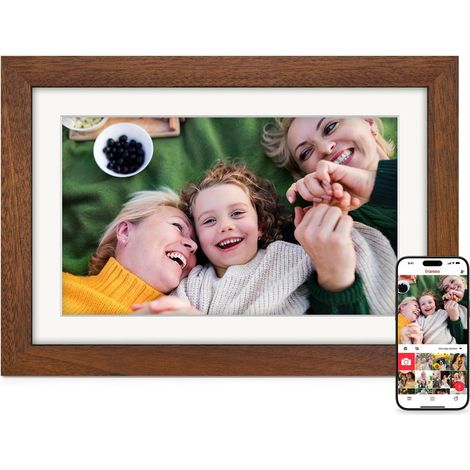 Cadre Photo Numérique WiFi 10.1 Pouces Noyer Bois Mémoire 32 Go, Écran Tactile HD IPS 1280 x 800, Auto-Rotation, Partage de Photos Vidéos Via APP/USB/SD, Cadeau Femme Homme (1/5)