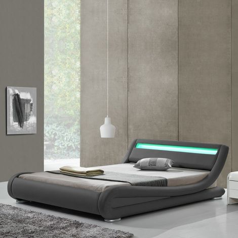 MEUBLER DESIGN Lit Design Led Julia - Gris - 160x200, Structure En Bois - Simili Cuir Revêtu En Polyuréthane, Style Contemporain, 224 x 184 x 72 cm (1/5)
