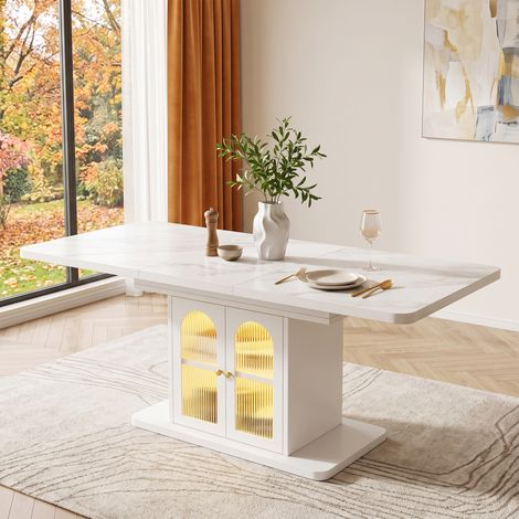 Table extensible 150/200x80 cm pour 6-8 personnes, avec rangement intégré, plateau épaissi, éclairage LED, style scandinave, blanc et marbre (1/5)