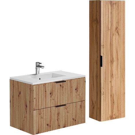 Vente-Unique – Meuble sous vasque suspendu 80 cm en MDF strié – 2 tiroirs soft close – Colonne assortie – Vasque à encastrer céramique blanc (1/5)