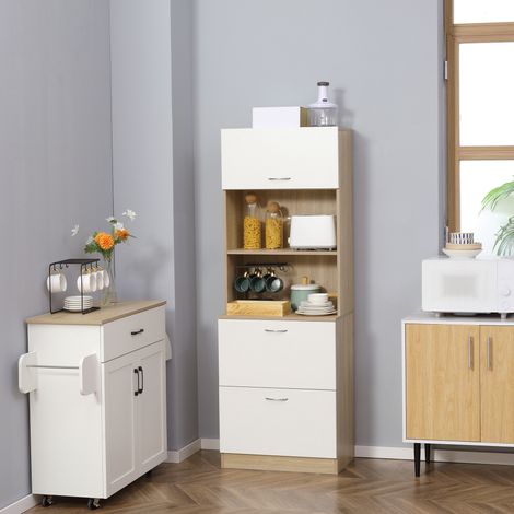 Küchen-Sideboard, vielseitiger Küchenschrank mit 2 Schubladen, 1 Schrankfach und großer Ablagefläche, 60 x 38 x 168 cm, weißes MDF