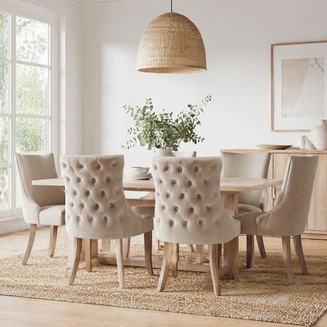 Esszimmerstuhl mit Knopfsteppung Samt Beige Massivholz OKMYHOME (1/5)