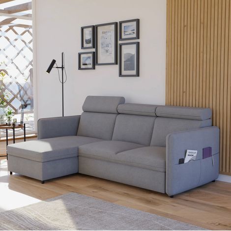 Canapé d'angle Réversible BENI - 3 places - Canape Convertible avec Tétières - Tissu Tissé - Gris (1/5)
