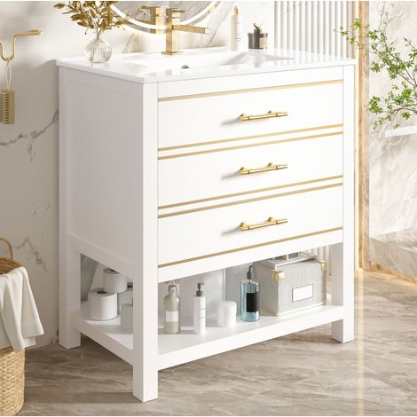 Meuble de salle de bain avec vasque 76 cm, 2 tiroirs, blanc et or HAVRYA (1/5)